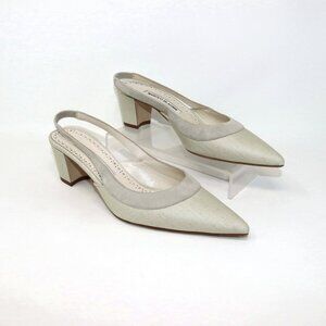 Manolo Blahnik 38 Golpeso Natural Linen & Suede Slingback Kitten Heel Mules